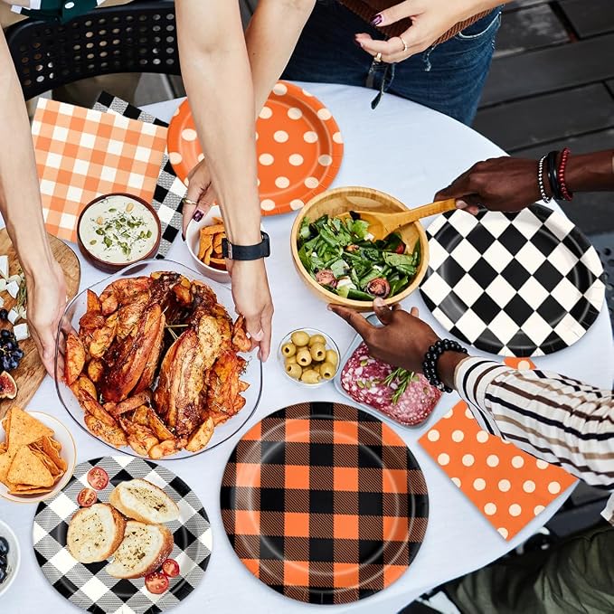 CMUSKO Fall Plaid Decorations - 60pcs Black Orange Buffalo Plaid Plates and Napkins Thanksgiving Halloween Gingham Tableware