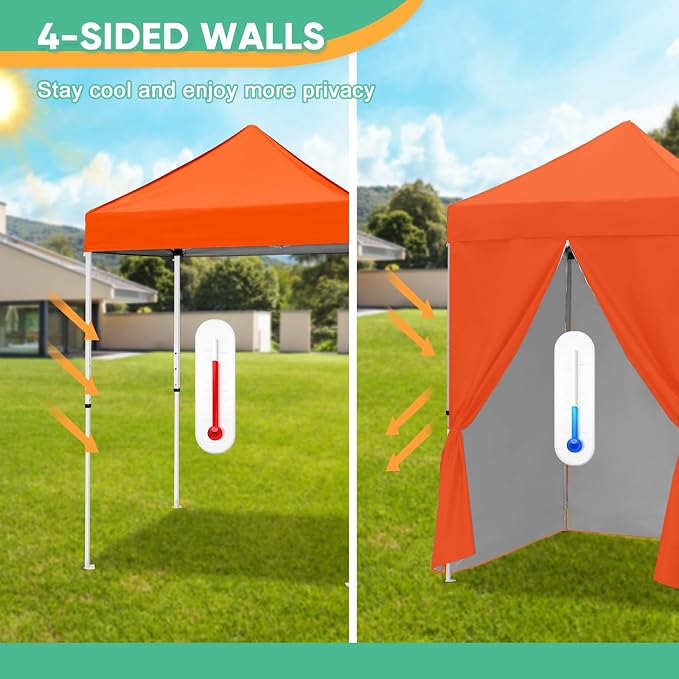 5x5 Pop Up Canopy Tent with Four Sidewalls, Instant Portable Beach Canopy, Outdoor Tent with Carry Bag for Camping, Sports, Tailgating, Events, Orange