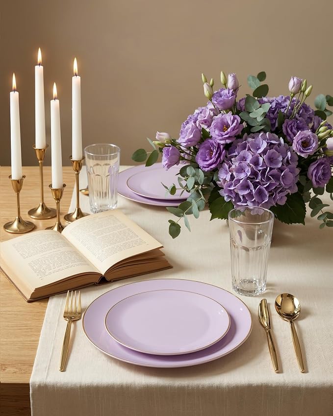 bUCLA 100PCS Purple Plastic Plates - Purple Lavender Disposable with Gold Rim - Include 50 Pieces 10inch Dinner & 50 Pieces 7inch Dessert Plates, Ideal for Party, Birthday & Spring