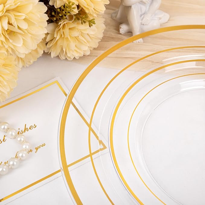 I00000 200 Pcs Clear Gold Plastic Plates - Disposable Party Plates, Gold Plate Disposable Include 100 Dinner Plate and 100 Dessert Plate, Plastic Plate for Party, Holiday, Wedding & Birthday