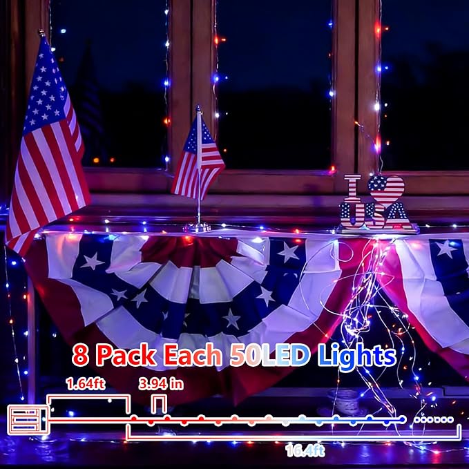 YEGUO 8 Pack Fairy Lights Battery Operated, Each 16ft 50 LED 4th of July Lights, 2 Modes Christmas Lights for Outside Patio Yard Tree Decorations(Red White and Blue)