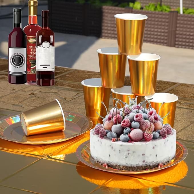 201-piece disposable party tableware set with paper plates, cups, napkins, straws, tablecloths, plastic knives, forks and spoons for a variety of party occasions for up to 25 people (Golden Rainbow)