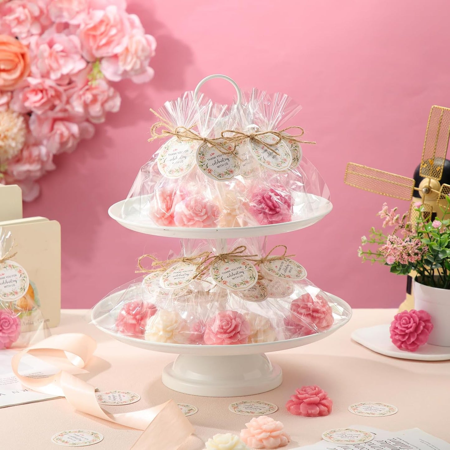 Demissle 20 Set Flower Mini Soaps for Guests Rose Soap Baby Shower Soap Favors with Thank You Tags for Wedding Bridal Guest Gift Party Favor(Dark Pink)