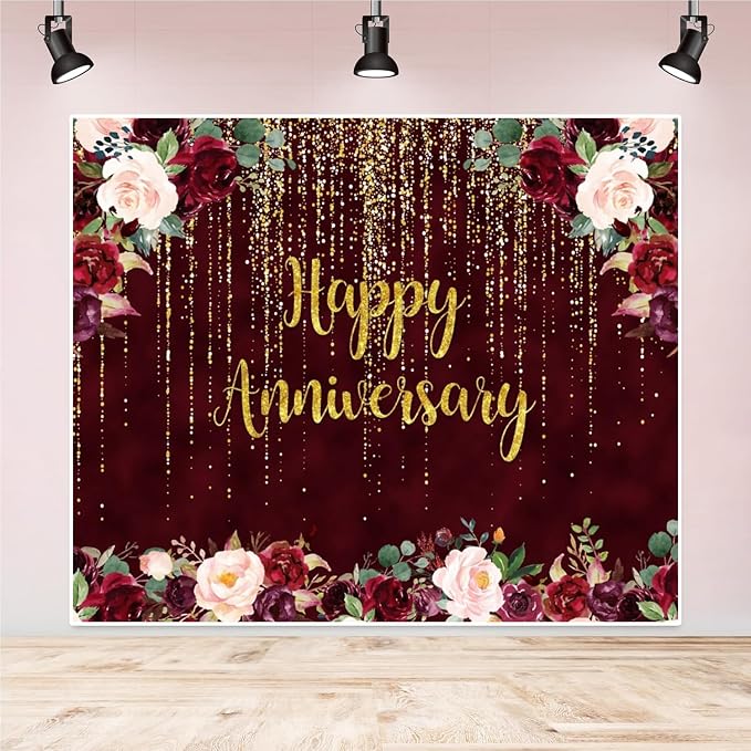Happy Anniversary Decorations Backdrop Happy Anniversary Banner 10x8ft Gold Burgundy Wedding Commemorative Day Photography Background Couple Party Supplies Cake Table Decor