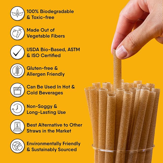 The Veggie Straws – 100 PCS of 8.25 Inches Unwrapped Biodegradable Straws – Made of Vegetable Fibers, Best Environment Friendly Drinking Straws for Hot and Cold Beverages