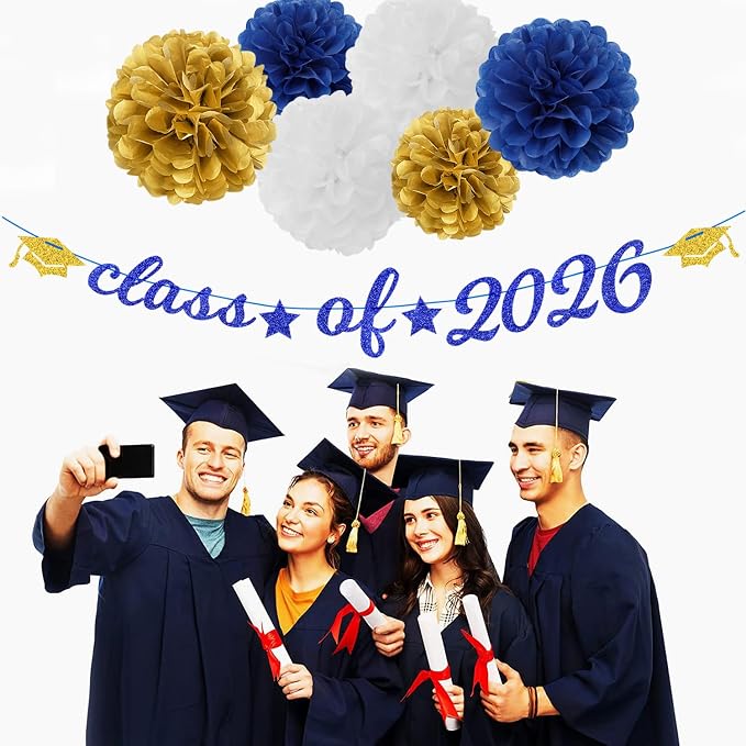 Navy-Blue Gold-White Party-Decoration Graduation Banner - 14pcs Kits Cap Garland Streamers, Royal Paper Tissue Pom Poms Flowers Fans Honeycomb,Class Of 2026 College High School Grad Decor Hugfond