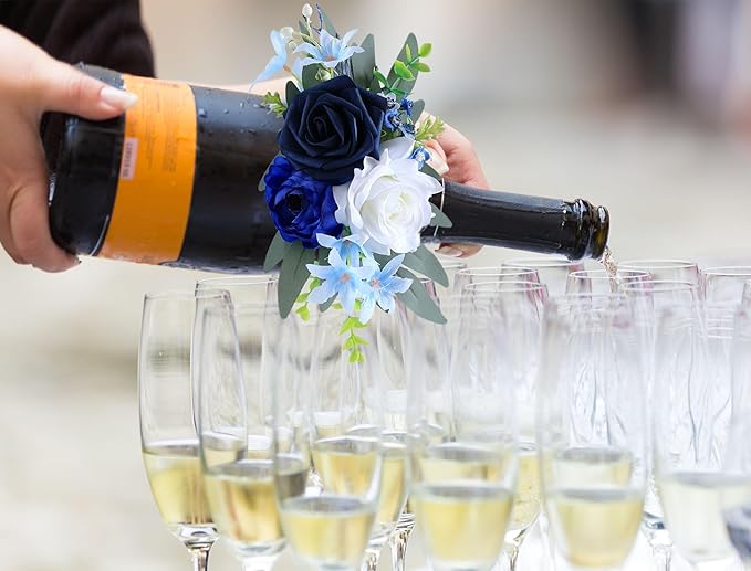 CherishedMoments 1Pcs Wine Bottle Flower Set, Dining Tables, Plates Decorations，Navy Blue Artificial Flowers Wine Cup for Wedding Ceremony Anniversary, Wedding Home Decor