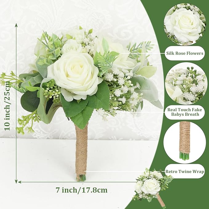 Wedding Bridesmaids Bouquet Set of 2 Artificial Flowers Bouquets for Bridesmaid Pre-Made 7 Inch Faux Small Floral Bouquets Bridal Shower, Wedding, Ceremony, Anniversary - Ivory White