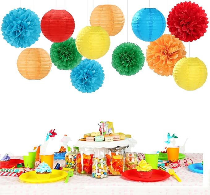 Rainbow Colorful Party-Decorations Paper-Flowers - 15pcs Welcome Back to School Tissue Pom Poms Lanterns Streamers,Carnival Video Game Kids Birthday Graduation Baby Shower Hanging Supplies Hugfond