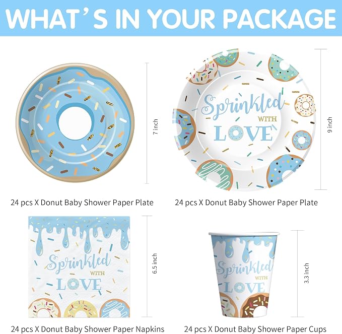 Donut Baby Sprinkle Decorations Boy, Blue Sprinkled with Love Theme Donut Baby Shower Party Supplies, Disposable Paper Plates, Cups, Napkins, Banner, Swirls, Cutlery, Tablecloth, Serves 24