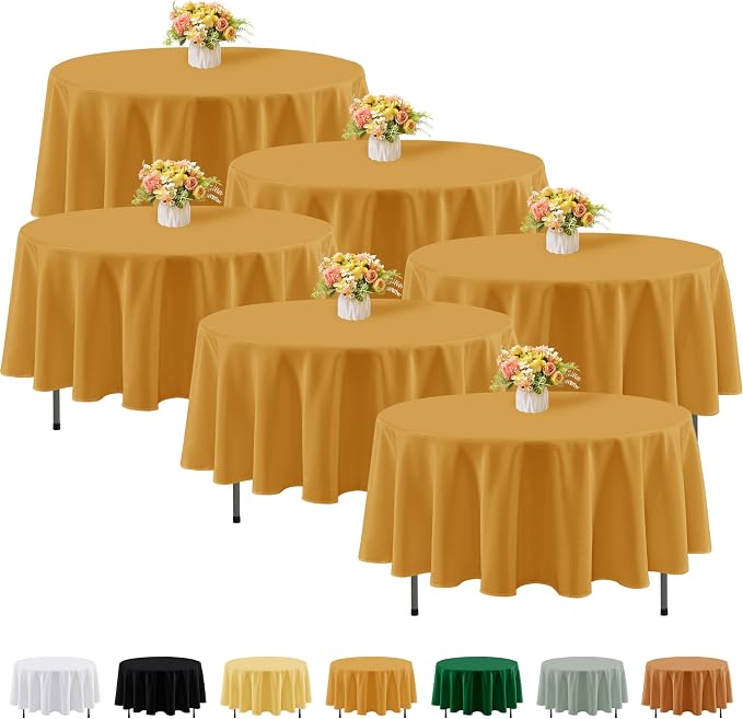 Fitable 6 Pack Gold Round Tablecloths - 70 Inches Round - Wrinkle and Stain Resistant Fabric Table Clothes, Washable Polyester Table Covers for Wedding, Party, Banquet, Formal Events