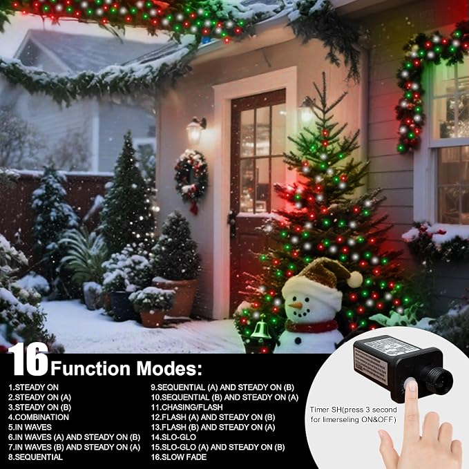 LAMPHOME 65.3ft Christmas Decorative Mini Lights, 200 LED Transparent Wire Fairy Starry String Lights Plug in, 16 Lighting Modes for Outdoor Xmas Tree Wedding Party Decoration (Red Green White)