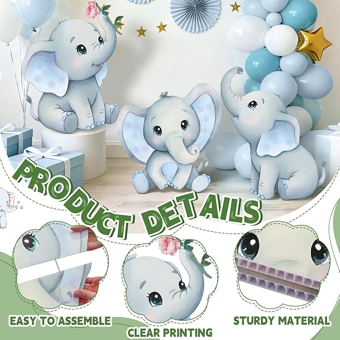 3Pcs Elephant Baby Shower Decorations, Large Baby Elephant Cardboard Cutouts Standup, Blue Cartoon Birthday Party Signs for Photo Booth Props Backdrops Decor Displays Party Supplies
