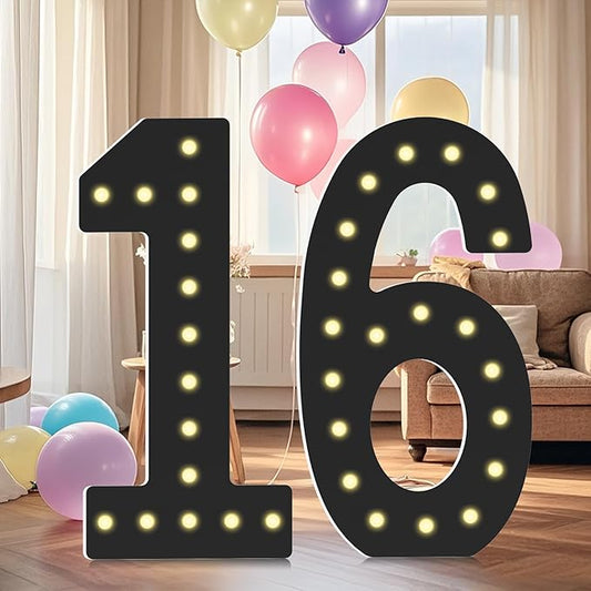 4FT Light Up Numbers, 16th Birthday Party Decorations,Giant Light Up Numbers 4 Feet Tall DIY Frame Pre-Cut Foam Board Kit for 16th 61st Birthday Anniversary Decorations