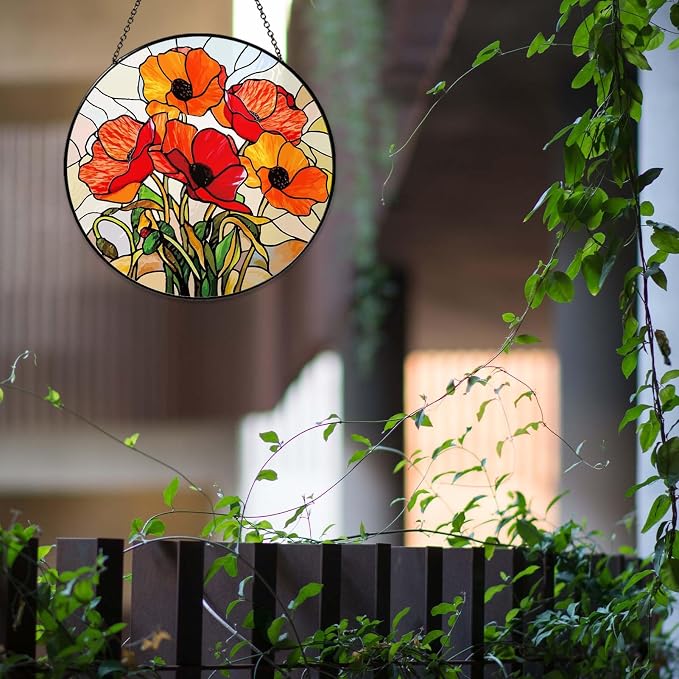 California Poppy Forest Sun Catcher 9.8'' Stained Glass Window Hanging Flower Lover Gifts for Women Red Poppy Kitchen Decor Suncatcher Decoration for Home Garden Housewarming Gifts