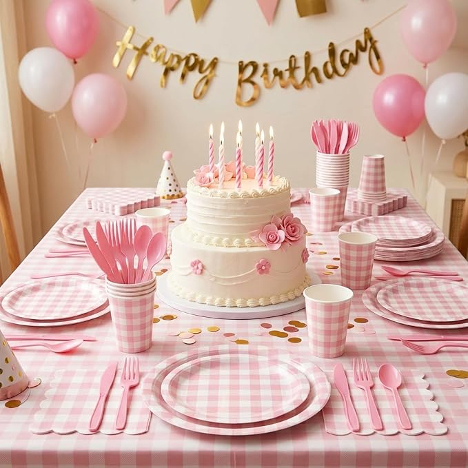 LINHAXM 175 PCS Pink Gingham Party Supplies, Pink Gingham Paper Plates, Cups, Napkins, Cutlery Pink Party Decorations for Bridal, Wedding, Birthday Party, Outdoor Picnic, Serves 25
