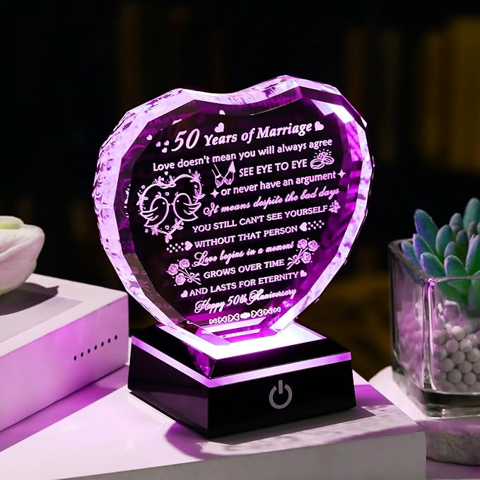 Arikyrist 50th Wedding Anniversary Crystal Gifts for Couple Parents, Laser Engraved 50 Years Anniversary Heart Keepsake Gifts for Wife Husband, Romantic 50 Year of Marriage Gift for Him Her Friends