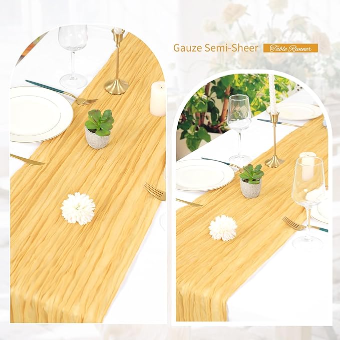 Showgeous 6 Pack Sand Cheesecloth Table Runner Gauze Table Runner 10FT Long Semi-Sheer Table Runner Boho or Rustic Wedding Table Decor for Wedding Decor Arch Draping Bridal Shower Holiday Party