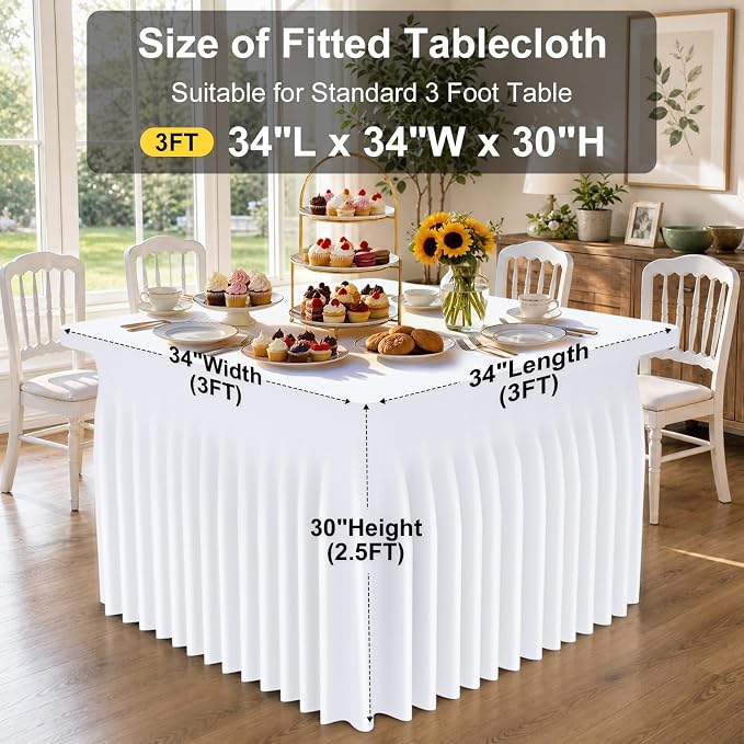 Smiry Spandex Tablecloth, Elastic Fitted Stretch Tablecloth for 3FT Rectangle Tables, Waterproof Washable Table Cover Skirt for Outdoor, Wedding, Banquet & Parties (White, 34Lx34Wx30H Inch)