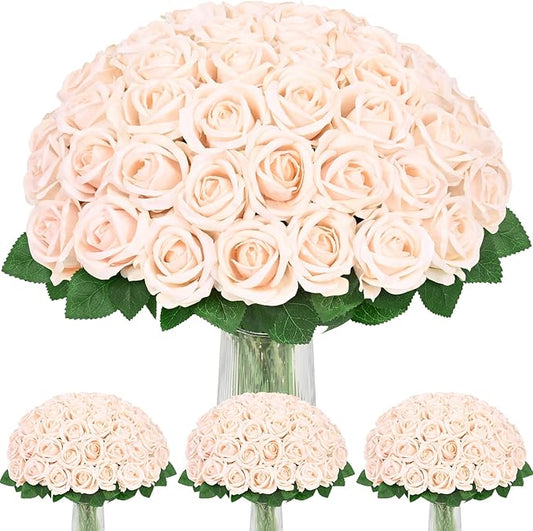 100 Pcs Champagne Roses Artificial Flowers, Real Touch Velvet Roses Bouquet Fake Flowers Bulk, Artificial Roses with Long Stems for Birthday Gift Women Mom DIY Bridal Wedding Centerpiece Decorations