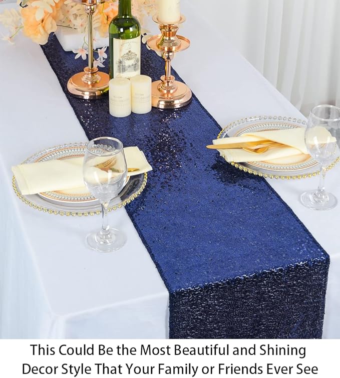 ShinyBeauty Navy-Table-Runners-15 Pieces-12 x108-Sequin-Table-Runner Wedding Catering Christmas Decorations Blue Glitter Fabric Tables Linen for Event Holiday Outdoor Decor