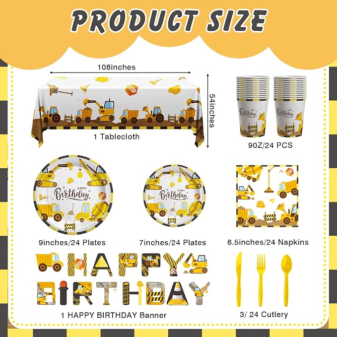 Cecnamt Construction Birthday Decorations, 170 Pcs Construction Birthday Party Supplies Including Banner, Plates, Cups, Napkins, Cutlery and Tablecloths, Serves 24
