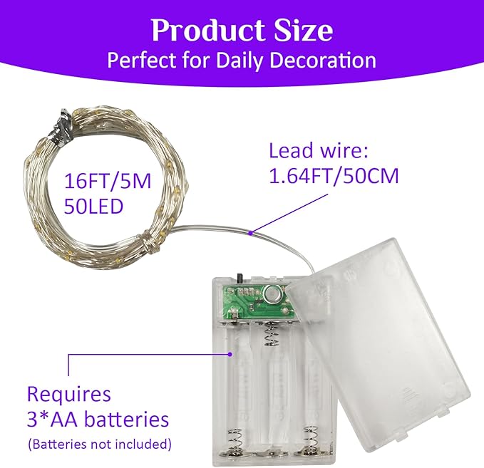 QITONG Purple Fairy Lights Battery Operated, 4 Pack Each 16ft 50 LED Outdoor String Lights, Silver Wire Mini Twinkle Light Indoor