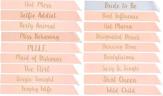 POP FIZZ DESIGNS Bachelorette Sash Set (18 pcs) 1 White Bride to Be Sash + 1 Maid of Honor Sash + 17 Bachelorette Sashes for The Bride Tribe - Amazing Bachelorette Party Favors