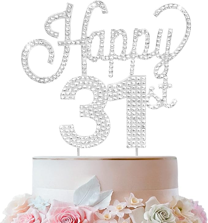 LINGTEER Happy 31st Birthday Silver Rhinestone Cake Topper - Cheers to 31st Birthday 31 Years Old Anniversary Party Cake Centerpieces Topper Decorations Gift Sign.