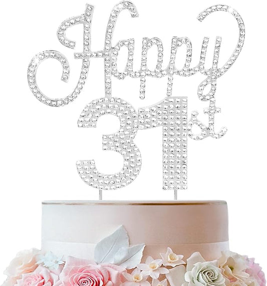 LINGTEER Happy 31st Birthday Silver Rhinestone Cake Topper - Cheers to 31st Birthday 31 Years Old Anniversary Party Cake Centerpieces Topper Decorations Gift Sign.