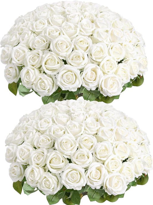 Auihiay 64PCS White Roses Artificial Flower, Fake Silk Roses, Artificial Roses Bulk for Wedding Decorations Table Centerpieces, Mother's Day Valentine's Day Home Decor