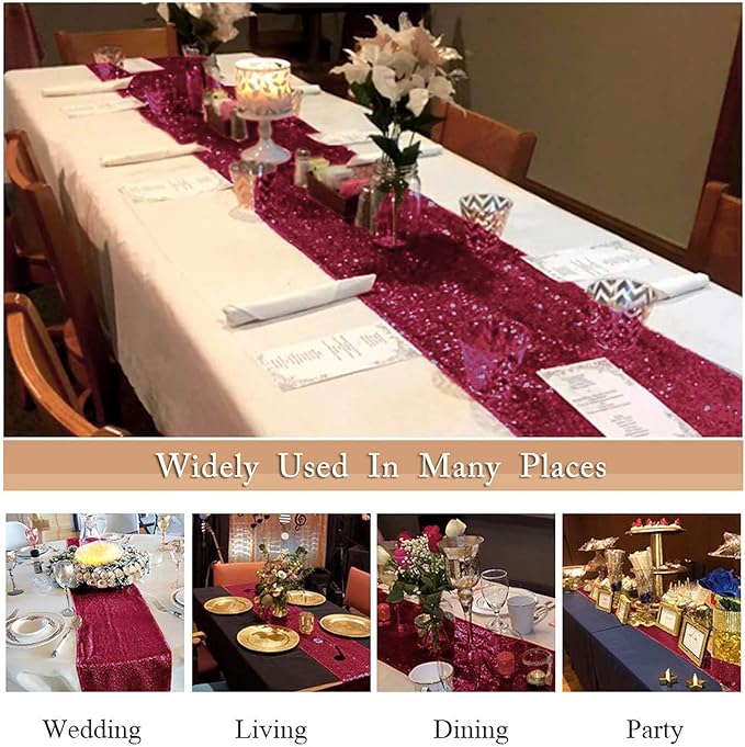 ShinyBeauty Burgundy Table Runner 108 Inches Long Sequin Table Runners 20 Packs Sparkle Maroon Runner for Party Dinning Outdoor Cake Tables Christmas Decor(12X108Inch)