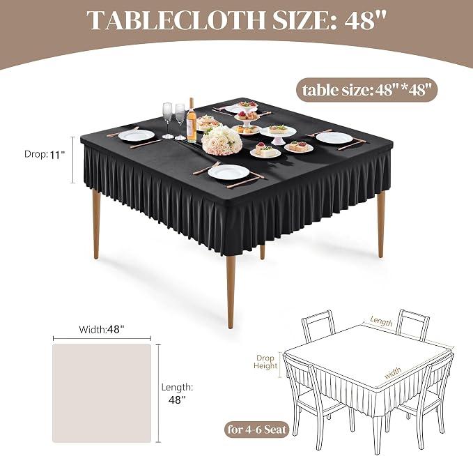Wish Care 2 Pack Black Spandex Tablecloths for 48x48 Inch Square Tables, Stretch Fitted Table Clothes with Pleated Ruffle Skirt for 48” Table, Wrinkle Free and Elastic, for Party Kitchen Home Dining