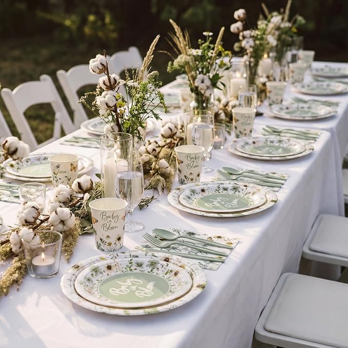 Funnymoom 400 Pcs Baby in Bloom Party Supplies for 50 Guests Green Floral Baby Shower Paper Plates and Napkins Knives Spoon Fork Cup Disposable Wildflower Dinner Party for Spring Greenery Favor