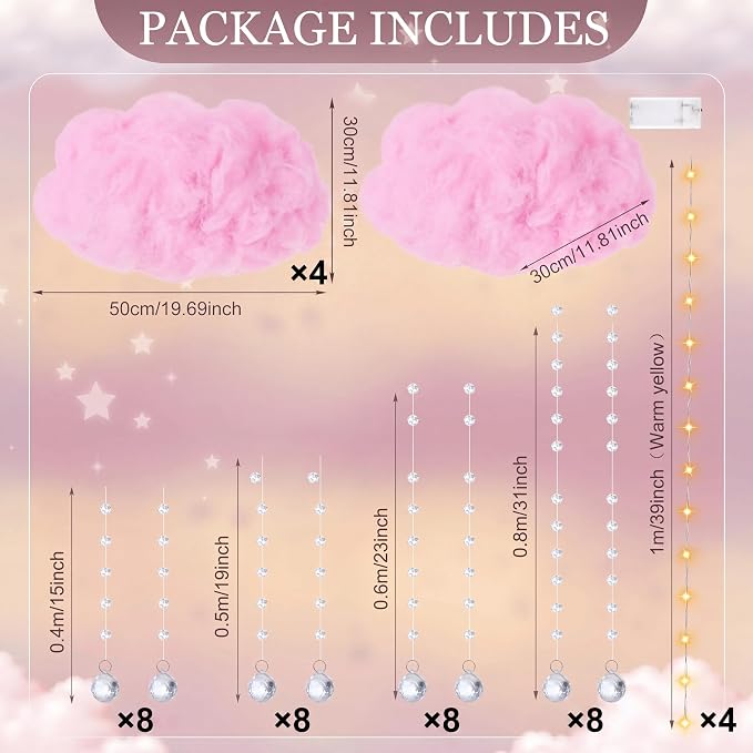 Marsui Artificial Cloud Props LED Hanging Pink Light String Fake Imitation 3D Cotton Cloud Classroom School Decor Raindrop for Room Ceiling Baby Shower Party Wedding Nursery Wall DIY Decor(4 Pcs)