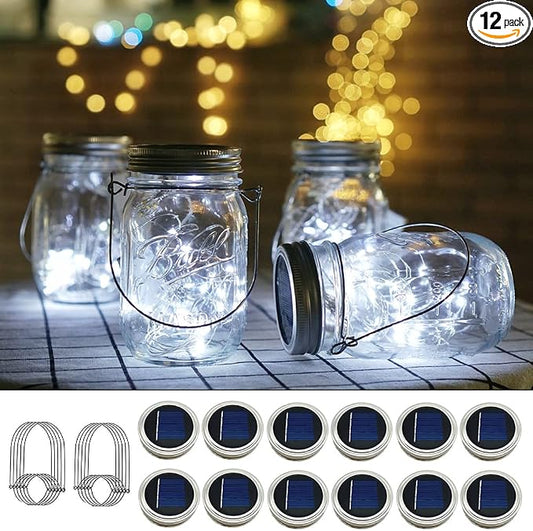 Solar Mason Jar Lights, 12 Pack 30 LED Waterproof Lid Light with Hangers (No Jar), Fairy Firefly Outdoor String Lights for Regular Mason Jar, Patio, Yard, Garden, Wedding Decoration (Cold White)