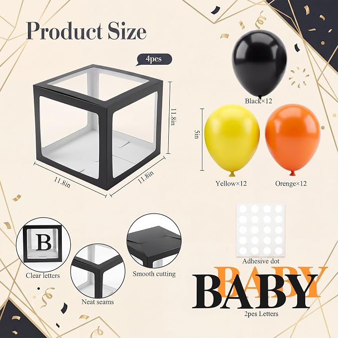 Zhanmai Baby Shower Balloon Boxes for Bear Baby Shower Decoration with 4 Letters 36 Balloons 4 Transparent Balloon Box Blocks for Boy Girl Gender Reveal Party Favors (Black,Yellow,Orange)