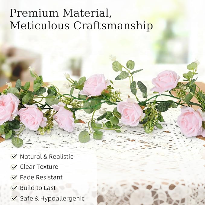 Lewondr Artificial Eucalyptus Garland with Flower, 2Pack 13FT Faux Floral Greenery Garlands Fake Flowers Vines, Maintenance-Free for Wedding Table Backdrop Party Centerpiece Room Decor, Pink