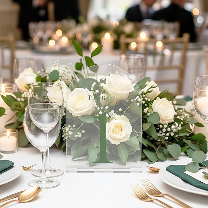 15 Pcs Frosted Arch Wedding Table Numbers with Stands 1-15, 5"x7" Acrylic Display Signs and Holders, Perfect for Centerpiece, Reception, Party, Anniversary, Banquet, Event (Sage Green)