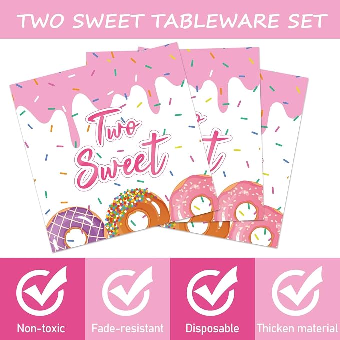 ZOIIWA 96 Pcs Two Sweet Donut Birthday Party Supplies Girls Donut Themed Tableware Table Decor Baby Girl 2nd Birthday Paper Plates Napkins Disposable Dinnerware Party Favor for Baby Shower 24 Guests