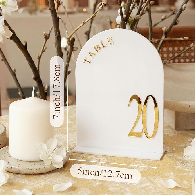 AceOrbit White Wedding Table Numbers 1-20 with Stands 5" x 7" White Acrylic Wedding Signs with Holder Elegant Arch Numbered Signage Tabletop Reception Sign for Anniversary, Banquet, Event Decor