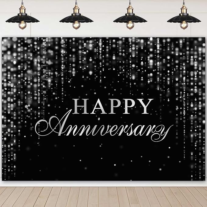 Happy Anniversary Backdrop Black Silver Anniversary Banner Cheers to Marriage Wedding Party Decorations Glitter Flowing Drapes Photography Background Photo Booth Props 7x5ft