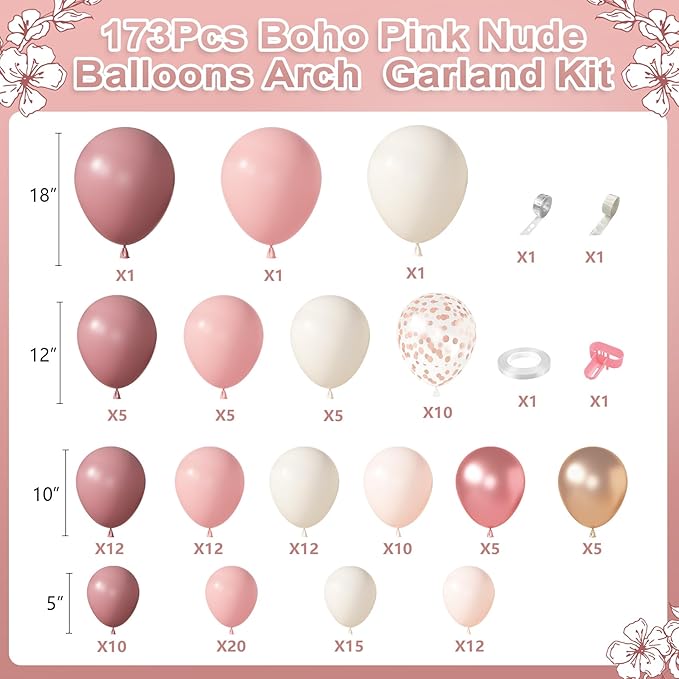 Amandir 173Pcs Dusty Rose Pink Nude Balloon Garland Arch Kit, 18In Retro Blush Peach Mauve White Sand Gold Confetti Balloons for Monther Day Shower Wedding Boho Birthday Party Decorations