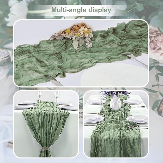 10 Pack Sage Green Cheesecloth Table Runner 35x120 Inch 10Ft Rustic Gauze Cheese Cloth Table Runner Sheer Cheesecloth Table Runners for Wedding Party Bridal Shower Decoration