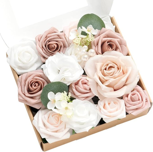 Ling's moment Dusty Rose Artificial Flowers and Greenery Combo Box Set,Can Make Into a 7" Bridesmaid Bouquet or Other Floral Arrangement