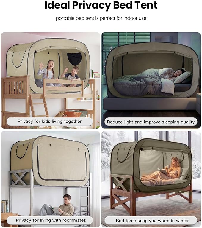 ANC POP Bed Tent Twin Bed Canopy Portable Dream Tent for Adult Indoor Sleeping Tents with 2 Doors Breathable Private Space Tents, Pale Yellow