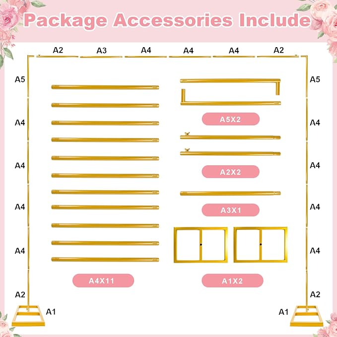 8 FT x 8 FT Square Backdrop Stand Square Arch Wedding Arches Adjustable Pipe for Ceremony Wedding Party Birthday Baby Shower Anniversary Arbor Balloon Decoration（Gold）