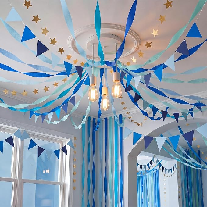 Frienda 14 Pcs Blue Party Decorations Set 492ft Colorful Crepe Paper Streamers, 52.8ft Gold Star Garlands Backdrop and 4 Pennant Banner Flags for Wedding Birthday Fancy Party Hanging Decorations