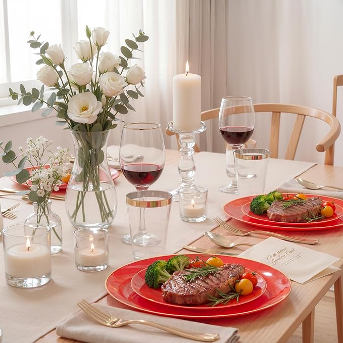 KIRE 350PCS Red Plastic Plates - Heavy Duty Red Plates Disposable - 50Guest Plastic Dinnerware Include 50Dinner Plate,50Dessert Plate,50Pre Rolled Napkins with Silverware for Wedding&Mother's Day