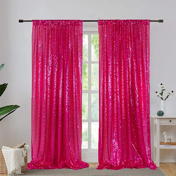 Eternal Beauty Sequin Backdrop Curtains, 2x8 Ft-2 Panels Hot Pink Back Drop for Mother's Day Shimmer Photography Party Wedding Birthday Decor